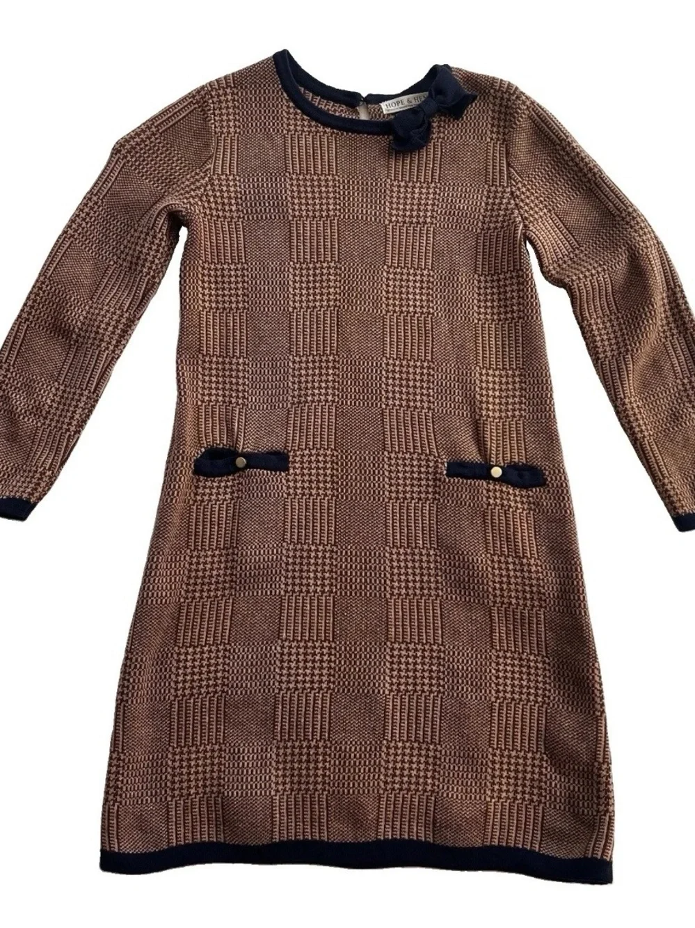 Hope & Henry Organic Cotton Bow Sweater Dress Girls 8 Brown Navy Plaid GOTS